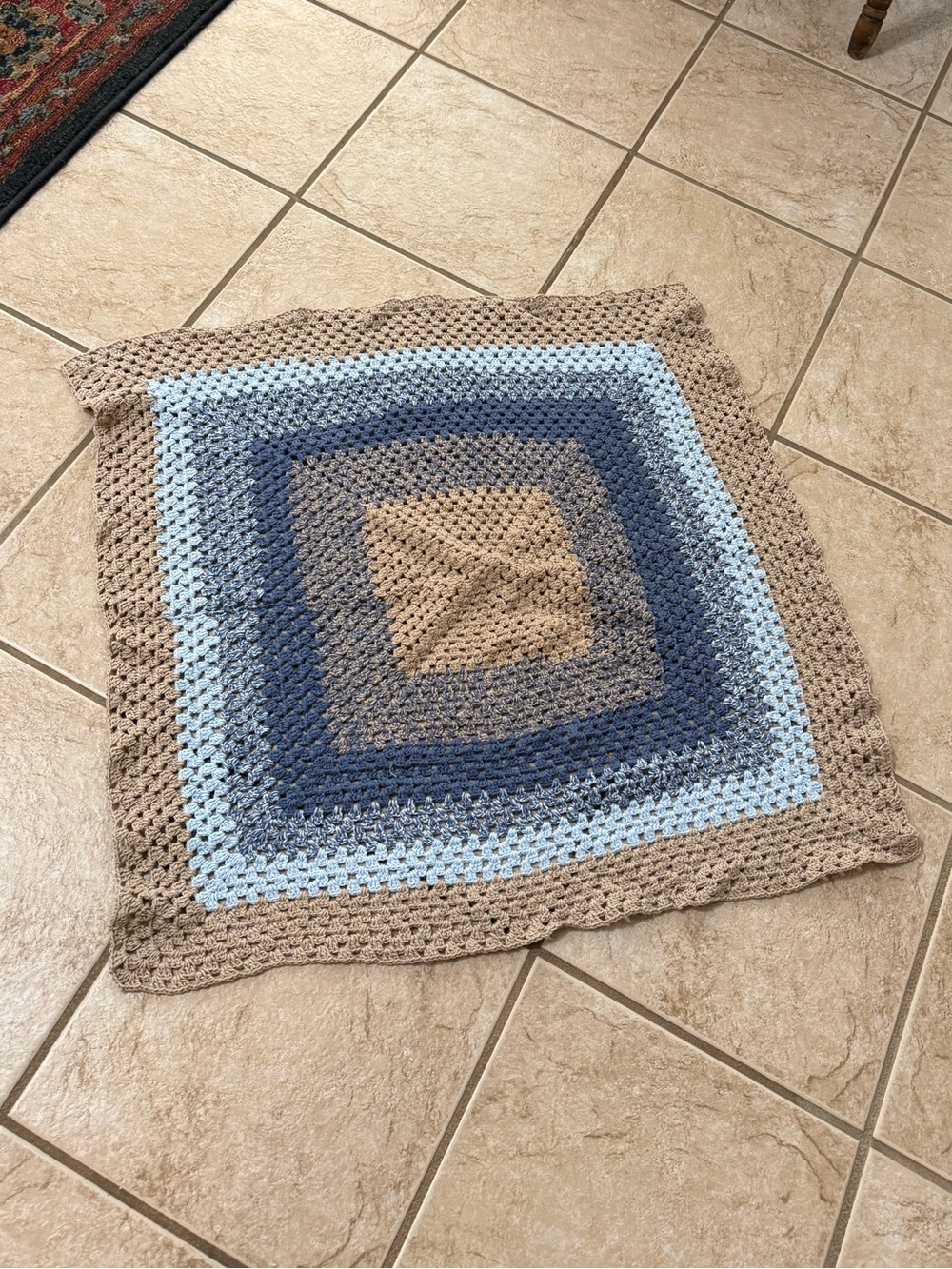 Handmade Crochet Baby Blanket Blue Taupe Approximately 30x30 - Picture 6 of 6